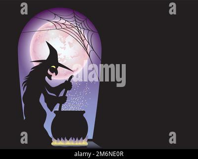 Happy Halloween Vector Greeting Card Template With A Witch Preparing Secret Elixir, And Text Space. Stock Vector