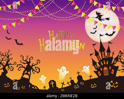 Seamless Happy Halloween Vector Background Illustration With A Haunted Mansion, Haunted Trees, Ghosts, And A Witch. Horizontally Repeatable. Stock Vector