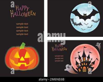 Set Of Happy Halloween Vector Card Templates With A Jack-O’-Lantern, Bats, And A Haunted House With Ghosts. Stock Vector