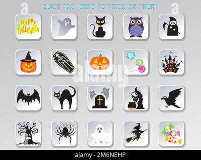 Set Of Happy Halloween Vector User Interface Icons And Buttons Isolated On A Gray Background. Stock Vector