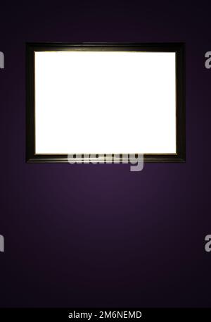 Antique art fair gallery frame on royal purple wall at auction house or museum exhibition, blank template with empty white copys Stock Photo