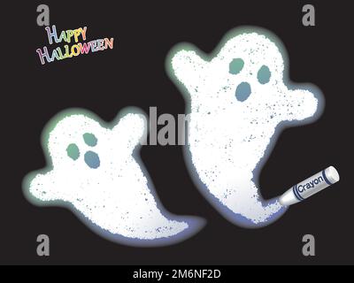 Happy Halloween Vector White Ghosts Crayon Illustration Isolated On A Black Background. Stock Vector