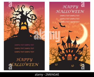 Set Of Two Happy Halloween Vector Greeting Card Templates With Haunted Trees And A Mansion. Stock Vector