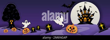 Seamless Happy Halloween Vector Background Illustration With Haunted Mansion, Full Moon, Haunted Tree, Ghosts, And Pumpkins. Horizontally Repeatable. Stock Vector