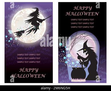 Set Of Happy Halloween Vector Greeting Card Templates With Witches. Stock Vector