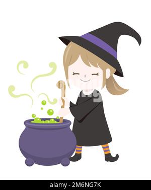 Cute Witch Making Magic Potions Isolated On A White Background. Vector Halloween Illustration. Stock Vector