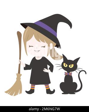 Cute Witch With A Black Cat Holding Her Magic Brooms Isolated On A White Background. Vector Halloween Illustration. Stock Vector