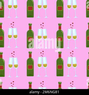 Bottle and glass seamless pattern, Valentine s Day hearts champagne glasses. Vector background with alcohol Stock Vector