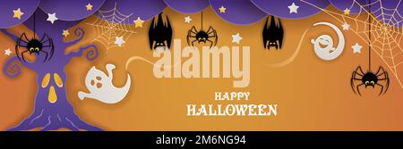 Happy Halloween Vector Background Illustration With A Haunted Tree, Ghosts, Bats, And Spiders. Stock Vector