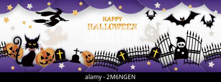 Seamless Happy Halloween Vector Background Illustration With A Black Cat, A Witch, Ghosts, Jack-o-lantern, Graveyard, And Bats. Horizontally Repeatabl Stock Vector