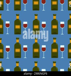 Bottle and glass of red wine seamless pattern, Vector background with alcohol. Stock Vector