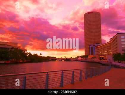 A magenta sunset over Downtown Tampa, Florida, USA Stock Photo