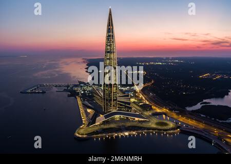 Russia, St. Petersburg, 16 August 2022: Aerial view of futuristic landscape of the highest skyscraper in Europe Lakhta Center fo Stock Photo