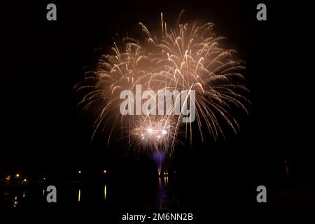 Fireworks display over sea on New Years Eve in Trieste, Italy Stock Photo