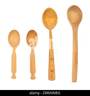 Empty wooden old vintage spoons with long handle isolated on white background Stock Photo