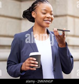Black woman, phone call and speaker with smartphone and networking with coffee, virtual meeting on coffee break. Communication, technology and Stock Photo