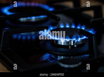 Gas stove at home, natural propane gas burns in kitchen, blue fire