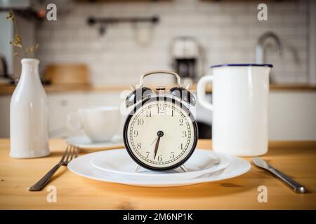 Intermittent fasting concept alarm clock on kitchen table Stock Photo