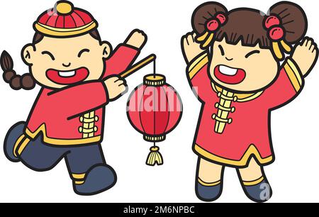 Hand Drawn Chinese boy with lantern and Chinese girl illustration isolated on background Stock Vector