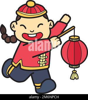 Hand Drawn chinese boy with lantern illustration isolated on background Stock Vector