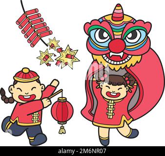 Hand Drawn Chinese lion dancing with firecrackers illustration isolated on background Stock Vector