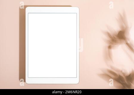 Blank screen tablet mock up and shadow on green pastel background. Copy space. Mock up template. Business communication. Isolate Stock Photo