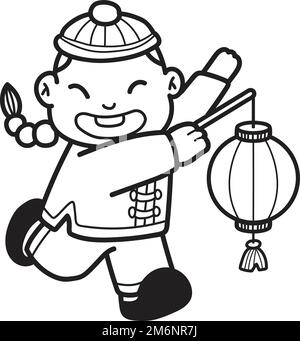 Hand Drawn chinese boy with lantern illustration isolated on background Stock Vector