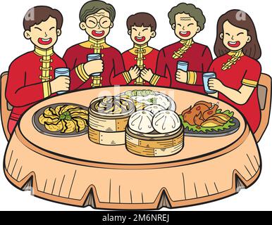 Hand Drawn Chinese family with Chinese food table illustration isolated on background Stock Vector