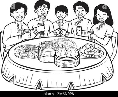 Hand Drawn Chinese family with Chinese food table illustration isolated on background Stock Vector