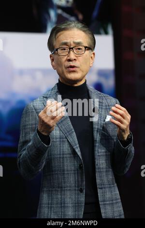 Las Vegas, United States. 04th Jan, 2023. Kenichiro Yoshida, Chairman, President and CEO, Sony Group Corporation speaks on stage during the 2023 International CES, at the Las Vegas Convention Center in Las Vegas, Nevada on Wednesday, January 4, 2023. Photo by James Atoa/UPI Credit: UPI/Alamy Live News Stock Photo