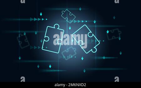 Neon puzzles on a blue abstract background, the concept of finding solutions Stock Photo