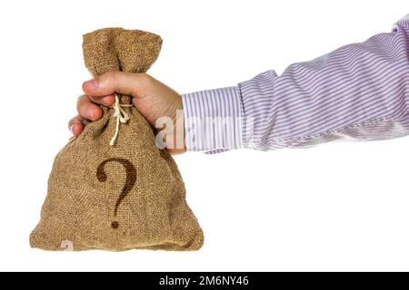 Businessman holding money bag with question mark Stock Photo - Alamy