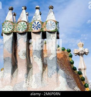 Chimneys on the roof of the Casa Batlo house designed by Antonio Gaudi, Barcelona, Catalonia, Spain Stock Photo