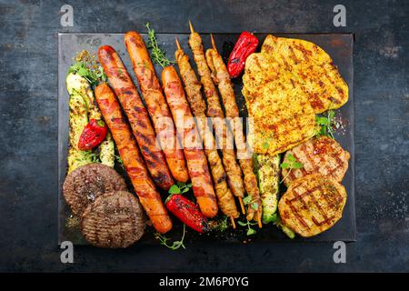 Traditional grill platter with bratwurst Stock Photo