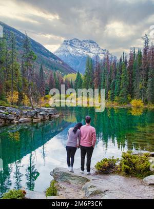 Horseshoe lake Jasper Canadian rockies Alberta Canada, colorful autumn trees reflection in lake Stock Photo