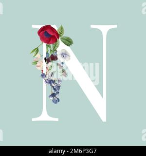 Floral capital letter N alphabet vector Stock Vector