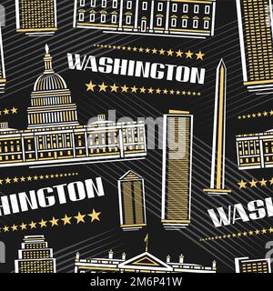 Vector Washington Seamless Pattern, repeating background with illustration of famous washington city scape on dark background for bed linen, decorativ Stock Vector