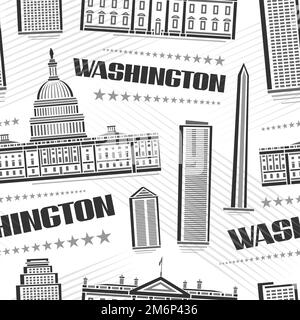 Vector Washington Seamless Pattern, square repeat background with illustration of famous washington city scape on white background for wrapping paper, Stock Vector