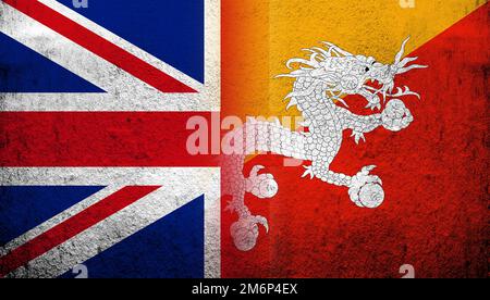 National flag of United Kingdom (Great Britain) Union Jack with Kingdom of Bhutan National flag. Grunge background Stock Photo