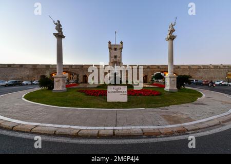Cadiz, Spain - Dec 5, 2021: Wall of Earth in the Plaza of the Constituion in Cadiz, Spain. Stock Photo