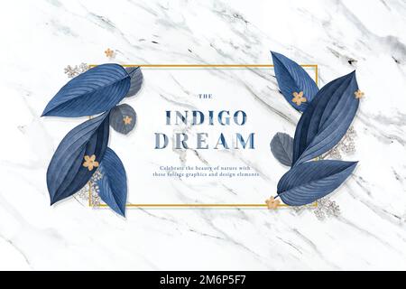 Gold rectangle frame decorated with blue leaves on a white marble background Stock Vector