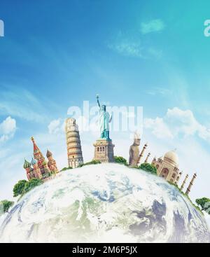world travel globe concept with landmarks flying above the clouds Stock ...