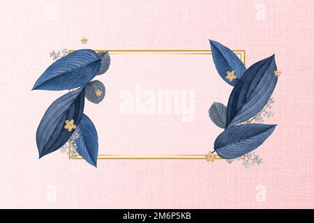 Gold rectangle frame decorated with blue leaves on a pink background Stock Vector