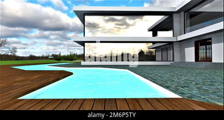 Individually shaped swimming pool with daylight lighting in the courtyard of an elite private house. Wooden flooring along the water. 3d rendering. Stock Photo