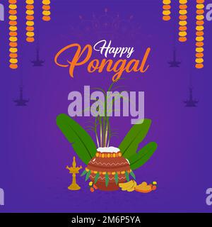Happy Pongal religious festival of South India celebration background. Vector illustration for banner, invitation card and social media post template Stock Photo