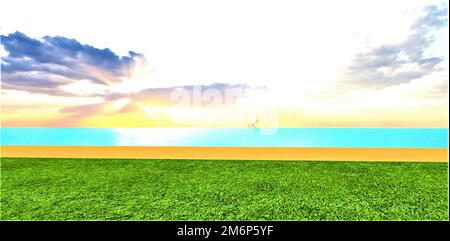 A fabulous sunset behind the clouds over the turquoise surface of a calm ocean. Green grass and yellow still warm sand. 3d rendering. Stock Photo