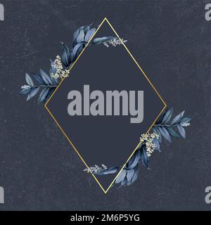 Gold rhombus frame decorated with blue leaves on a navy blue background Stock Vector