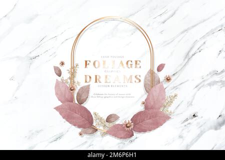 Gold oval frame decorated with red leaves on a white marble background Stock Vector