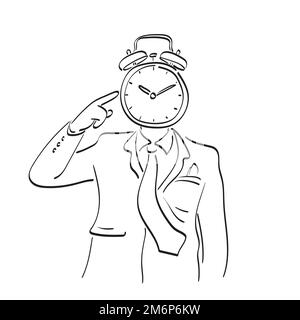 businessman pointing alarm clock on head illustration vector hand drawn isolated on white background line art. Stock Vector