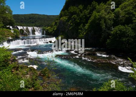 A magnificent waterfall called strbacki buk on the beautifully clean and drinking Una river in Bosnia and Herzegovina in the mid Stock Photo